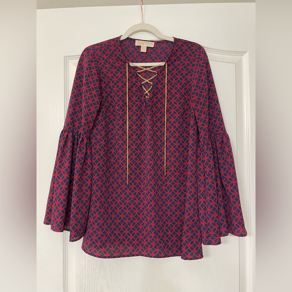 Michael Kors Red and Navy Geometric Blouse with Gold Chain